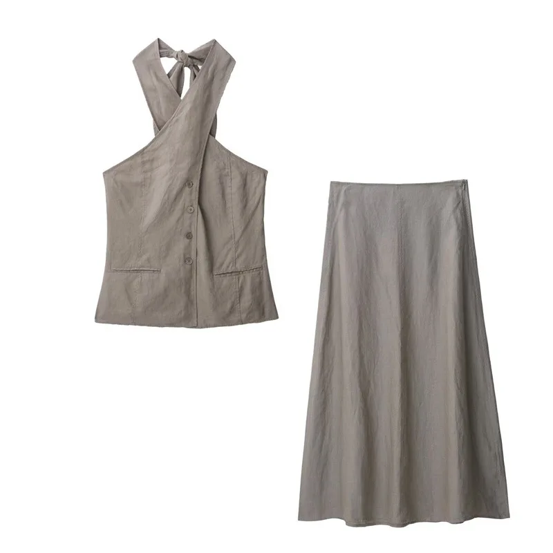 

Women's New Fashion Slim Fit Cotton and Linen Blended Halter Neck Vest Top Retro Sleeveless Women's Vest Chic Tops Skirt Set