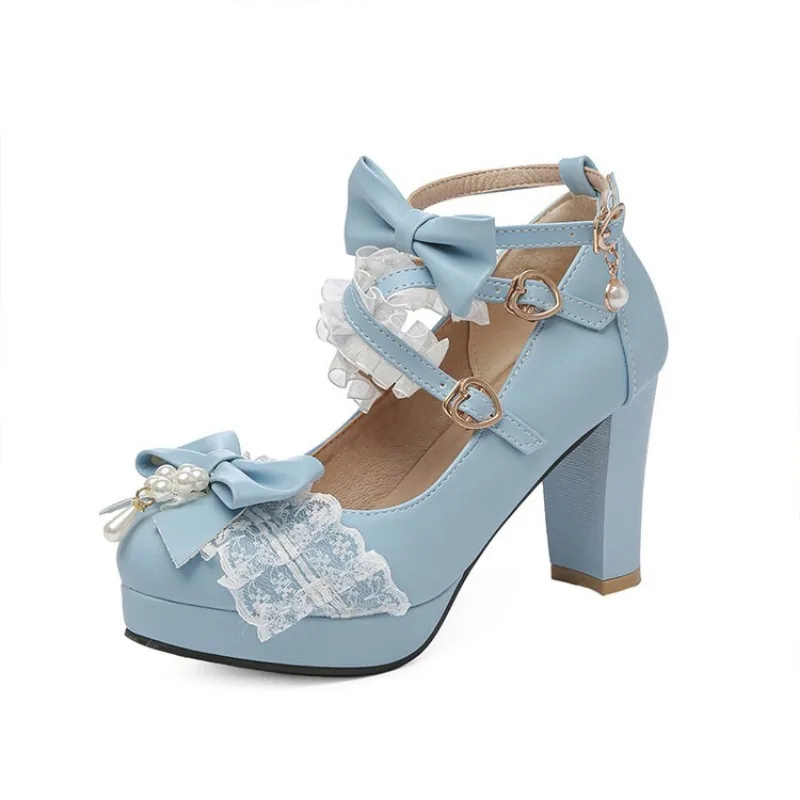 Cross Strap Women High Heels Mary Jane Pumps Wedding Tea Party White Pink Black Ruffles Bow Maid Princess Cosplay Lolita Shoes