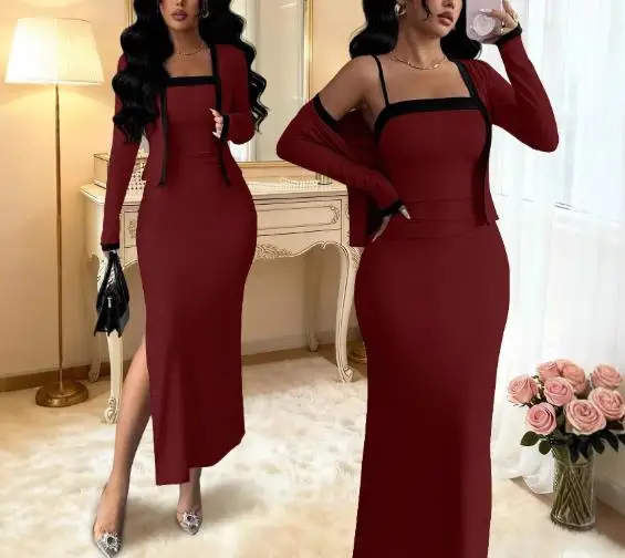 

2026 Spring/Summer New Women's Fashion cardigan jacket vest solid color dress two-piece set women's clothing
