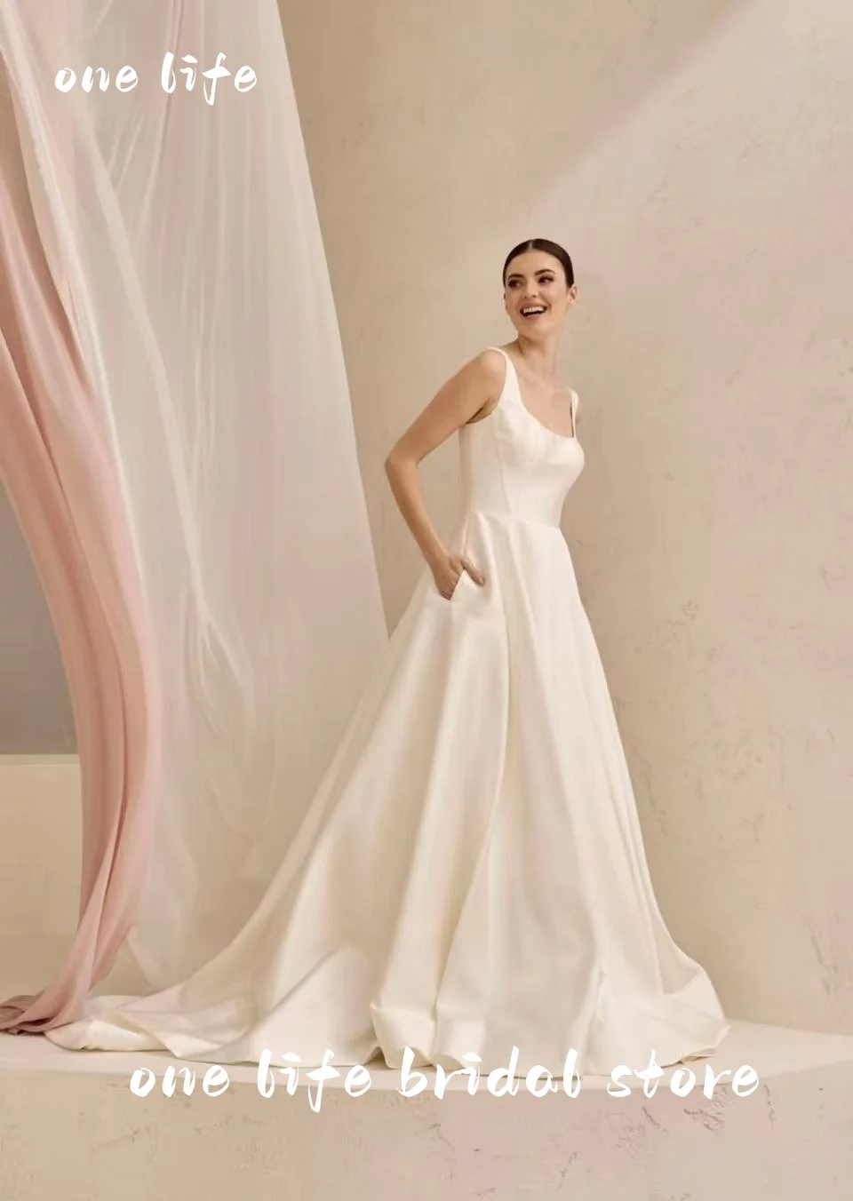 فساتين زفاف OL أنيقة من الساتان مع زر فستان العروس برقبة مربعة بدون أكمام لحفلات الزفاف فستان زفاف مخصص