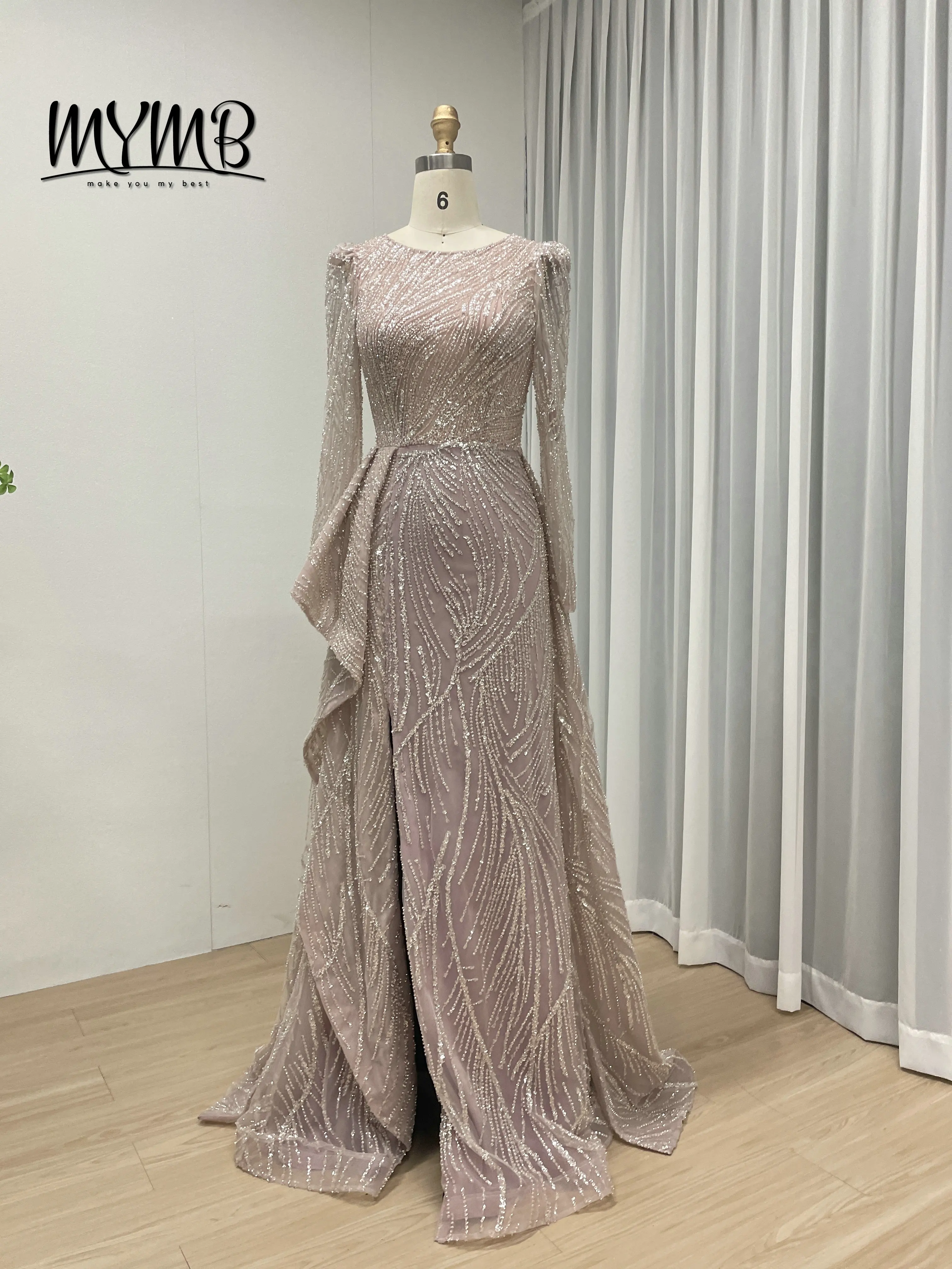 MYMB Glamorous Newest Design Hot Selling Middle Slit Long See Through Sleeve Embellished With Exquisite Bead Embroidery MB40324