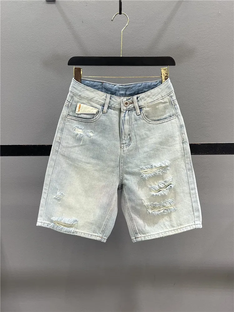

Retro Light Wash Denim Five-Point Pants Women's High Waist Loose Slim Straight Leg Wide Leg Mid-Length Casual Jeans