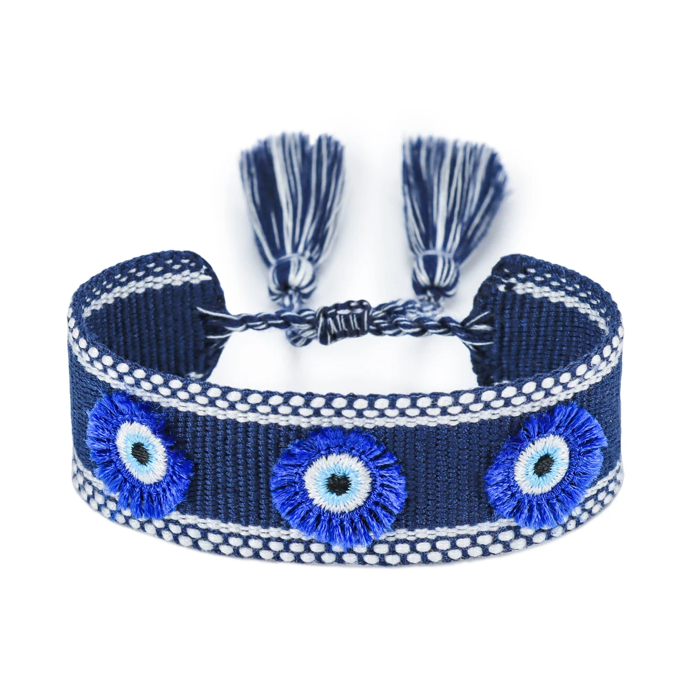 

Evil Eye Embroidery Woven Bracelet with Tassel – Adjustable Sliding Knot Protection Jewelry for Women