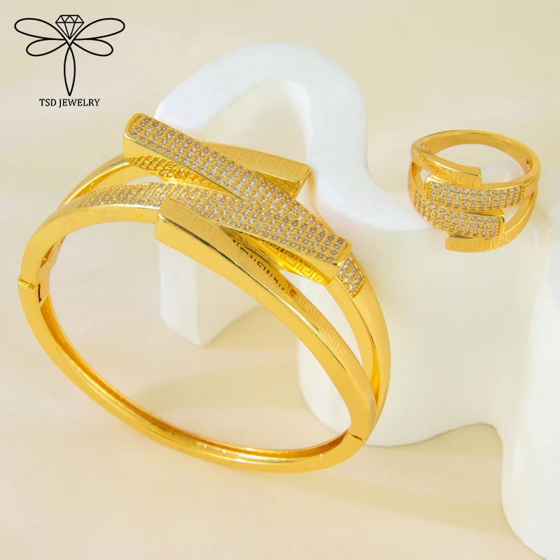

Arabic Fashion Zirconia Jewelry Set 21k Gold Plated Dubai Creative Irregular Open Bangles Rings Italian Women Party Jewelrys