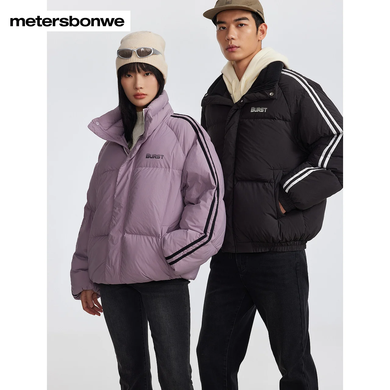 Metersbonwe-Men Women's Print Windproof Stand Collar Jacket Puffer Sleeve Color Clash Belt Loose Duck Down Warm Wear Personality