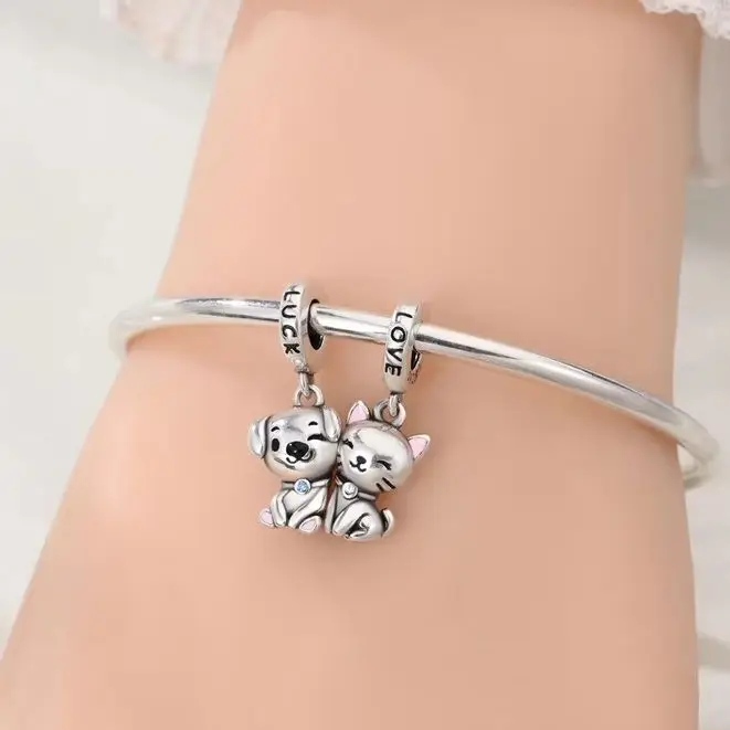 925 Sterling Silver Cat Dog Combination Sticker Magnetic Charms Bead CZ Zircon Fit Original Bracelet DIY For Women Jewelry Gifts