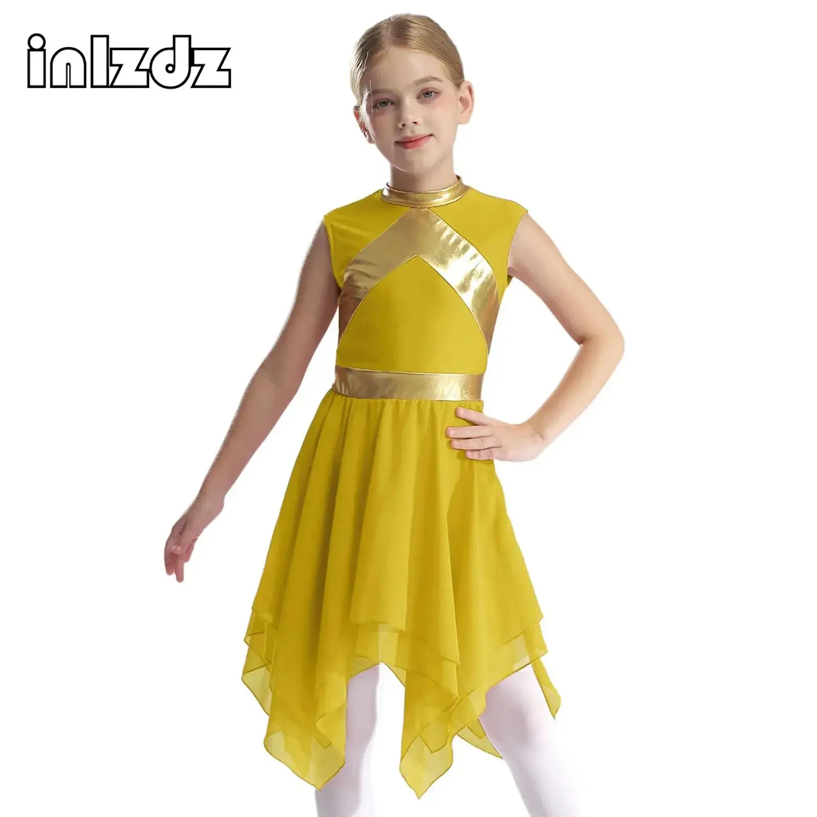 

Kids Girls Color Block Liturgical Praise Dance Dress Lyrical Dancewear Sleeveless Asymmetrical Church Robe Worship Costume