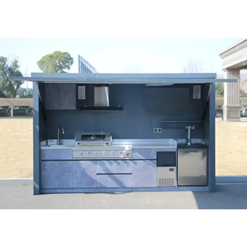 Rust-resistant Stainless Steel Foldable Outdoor Kitchen Island Built-in Grill Chrome Plated Remote Control Flame Safety Device