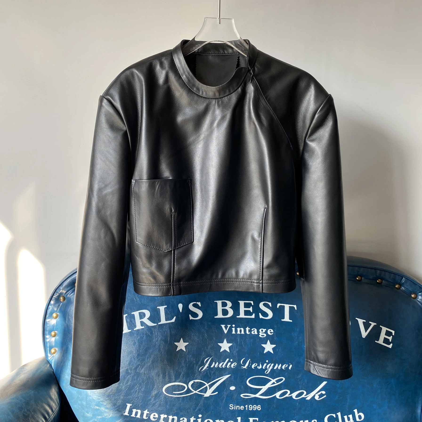 Primavera 2025 feminino faionable ort cordeiro couro jaet longo sve redondo ne bla outerwear tamanho pequeno corte reto sle