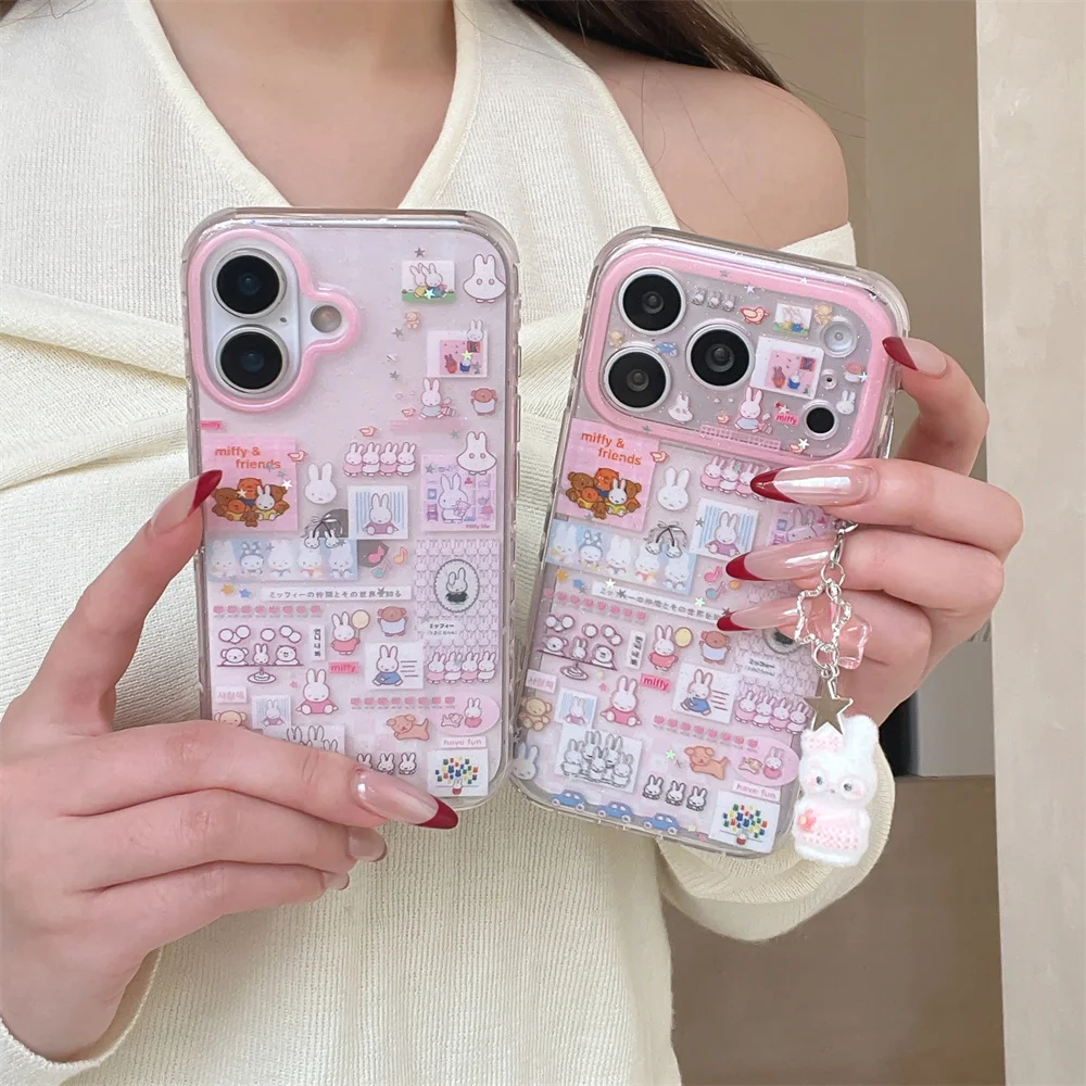 

Cute Bear Miffy Rabbit Glitter Phone Case for iPhone 17 Pro 13 14 15 16 Pro Max 15 Max Funda with Charm Kawaii Shockproof Cover