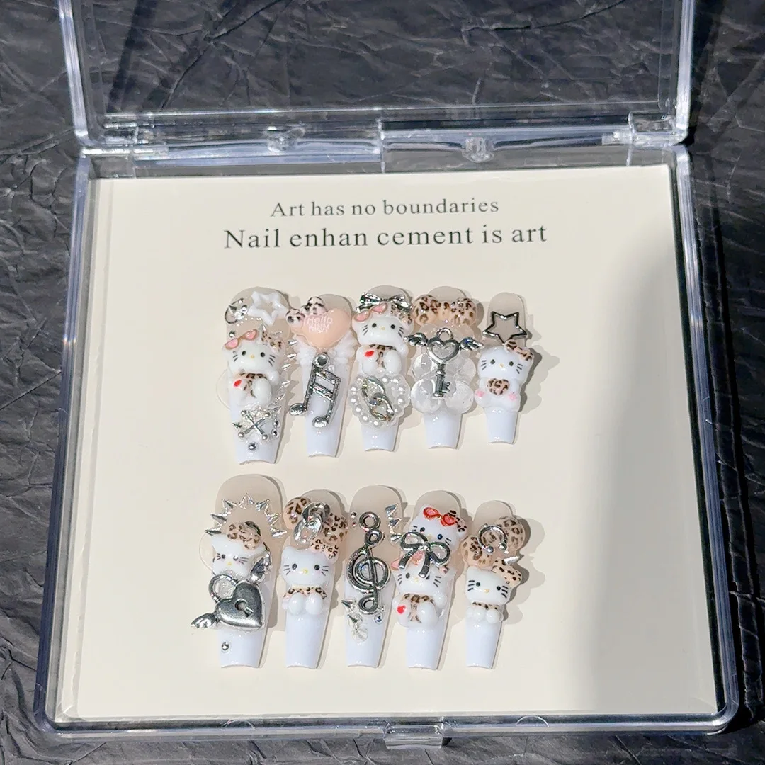 

New Cartoon Sanrio Hello Kittys Y2K Hot Girl Nail Stickers Kitty Leopard Print European and American Style Handmade Manicure