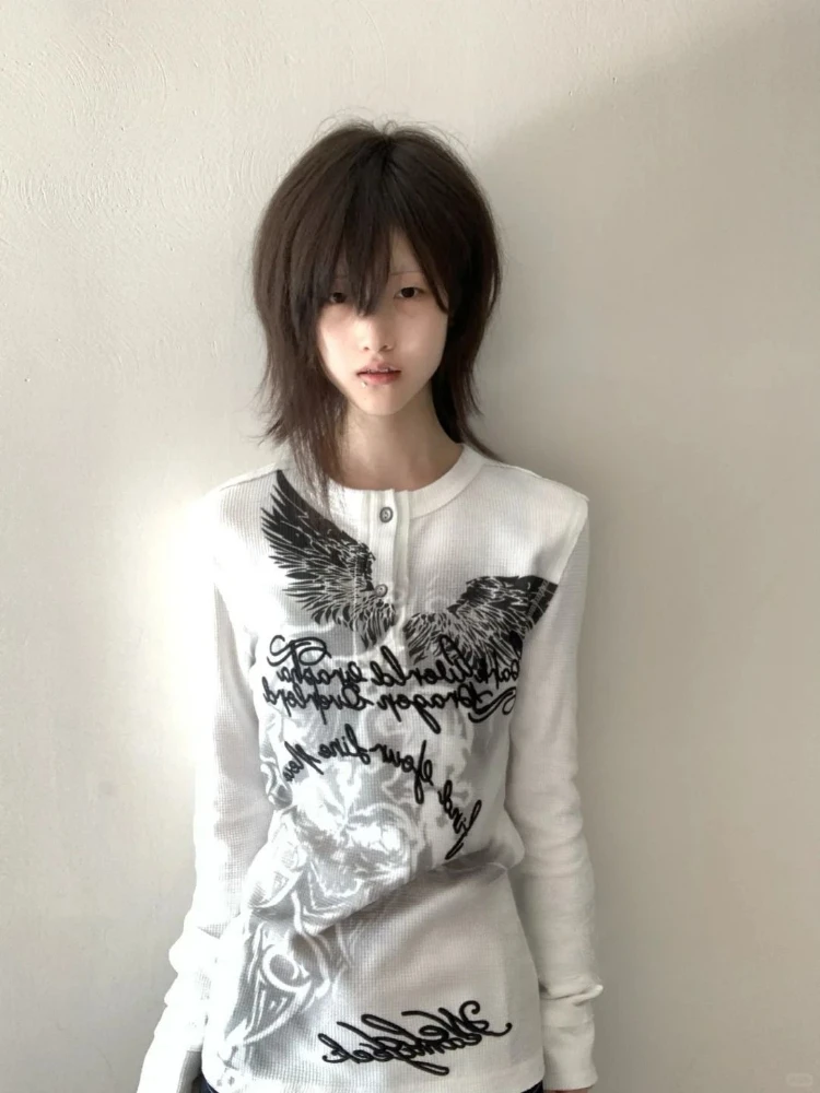 اليابانية خمر الجناح إلكتروني الطباعة عادية تيز الشارع الشهير Bodycon سليم صالح بلايز Harajuku الخريف المرأة الجرونج تي شيرت