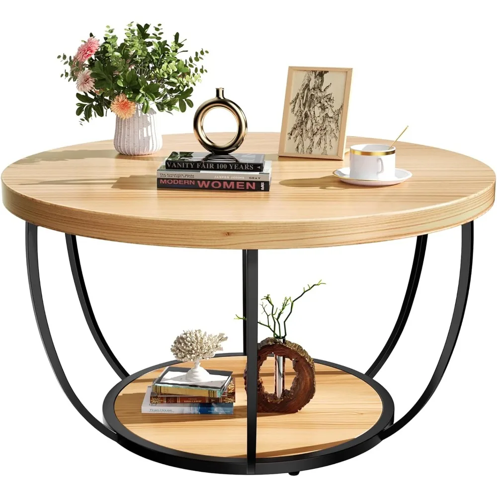 

31,5-дюймовый круглый журнальный столик, 2-уровневые журнальные столики для гостиной, небольшой деревянный журнальный столик с местом для хранения, современный акцентный центральный стол