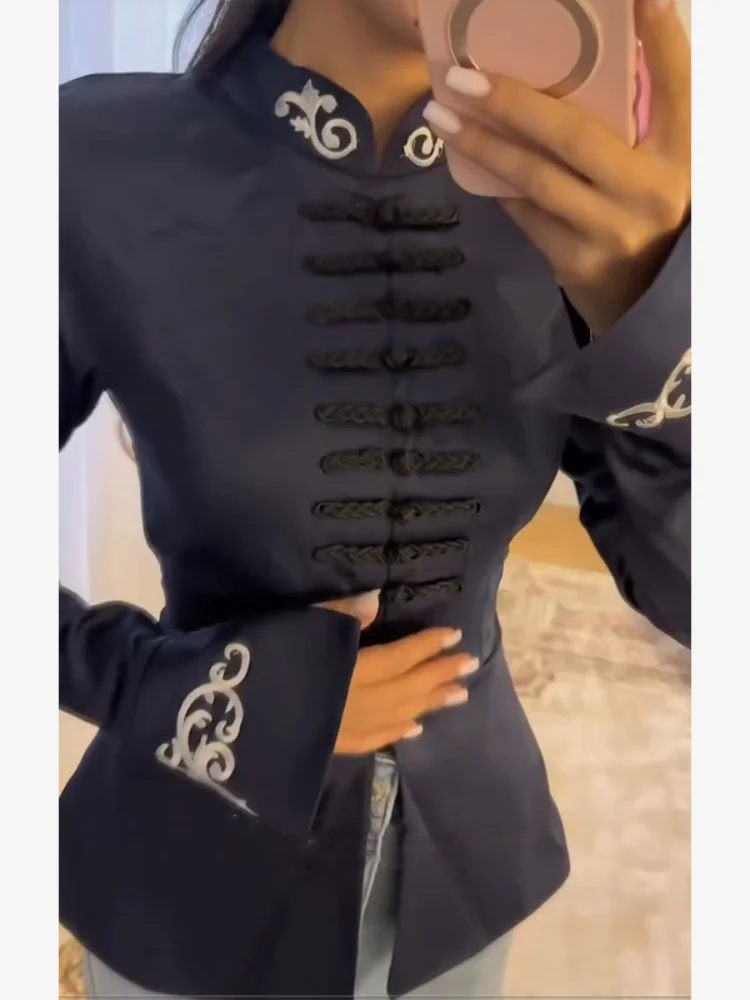 

Elegant Solid Color Fitted Women Coat Chic Mandarin Collar Embroidered Full Sleeve Peplum Slim Jacket Lady Streetwear 2026 New