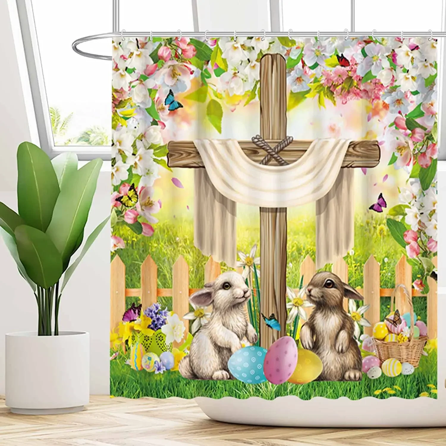 Easter Whises He Is Risen The Cross On Spring Floral Scene Cute Bunny And Eggs Shower Curtain Home Bathtubs Bathroom Decoration