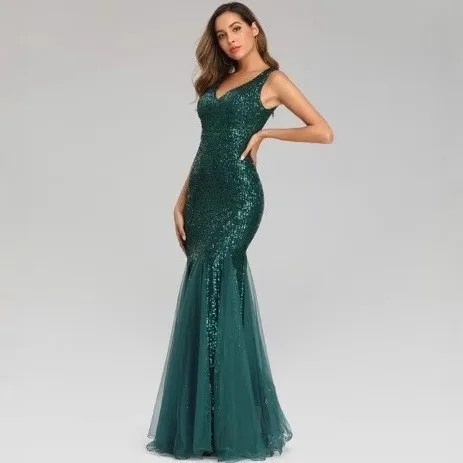 Elegant Prom Dress Wedding Guest Long Satin Sequin Evening Maxi Length Mermaid Formal Floor Length Sparkly Party Dress view 3