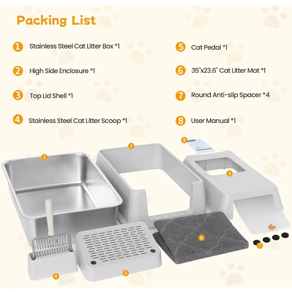 Cat Litter Box Set, Enclosed, Top Entry, with Cats Mat, Litters Scoop, Light Grey, Large Stainless Steel Cat Litter Box