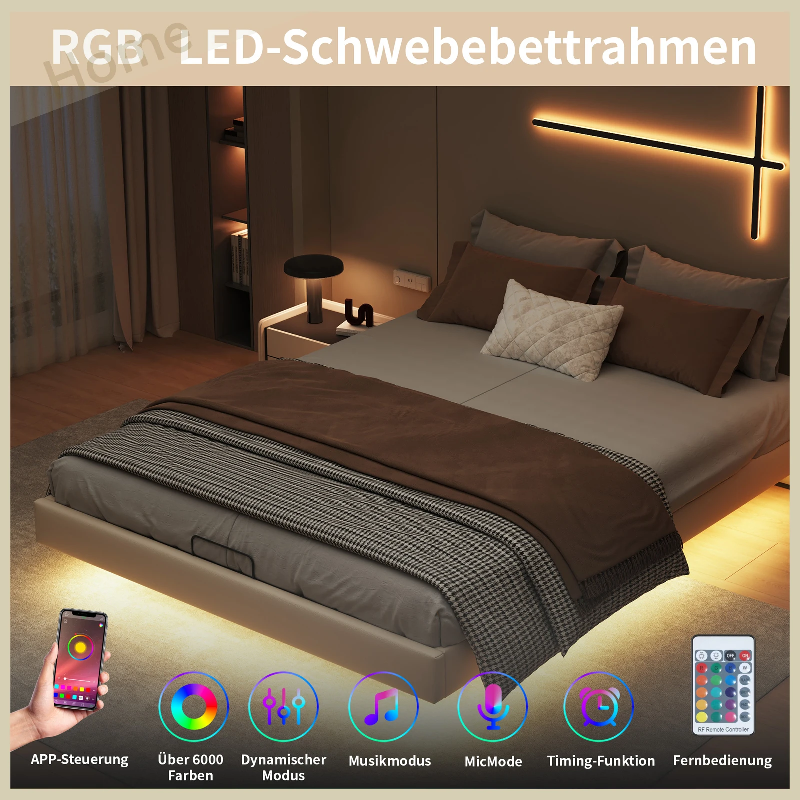 160x200cm Bed Frame with LED Lighting, Bedstead with Metal Slatted Frame and Non Woven Storage Box, Without Mattress