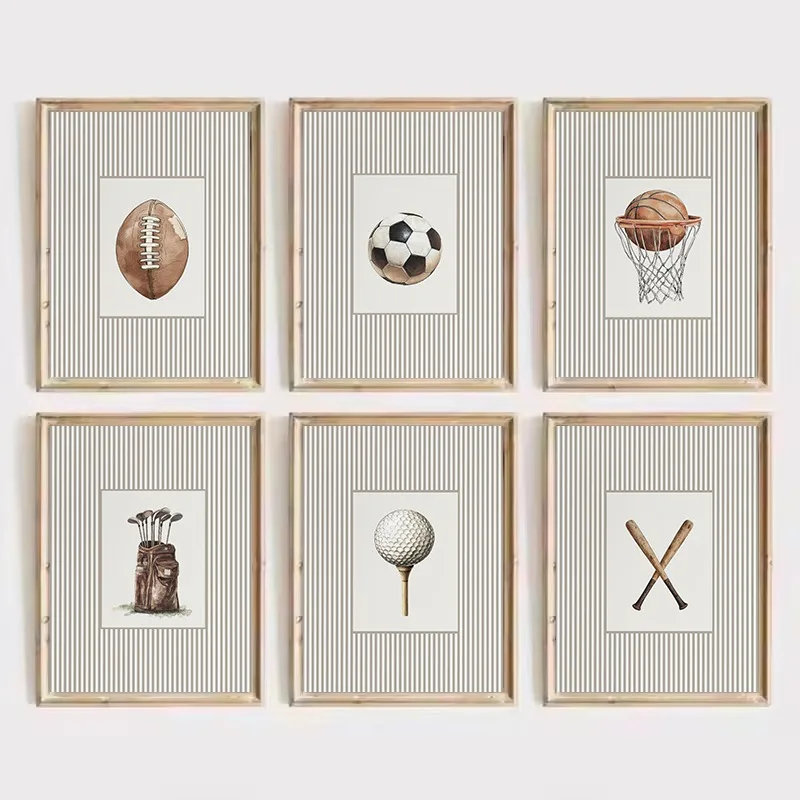 Vintage Sports Illustration Baseball, Football, Golf, Basketball Bats Nursery Poster Canvas Painting Wall Art Picture Home De