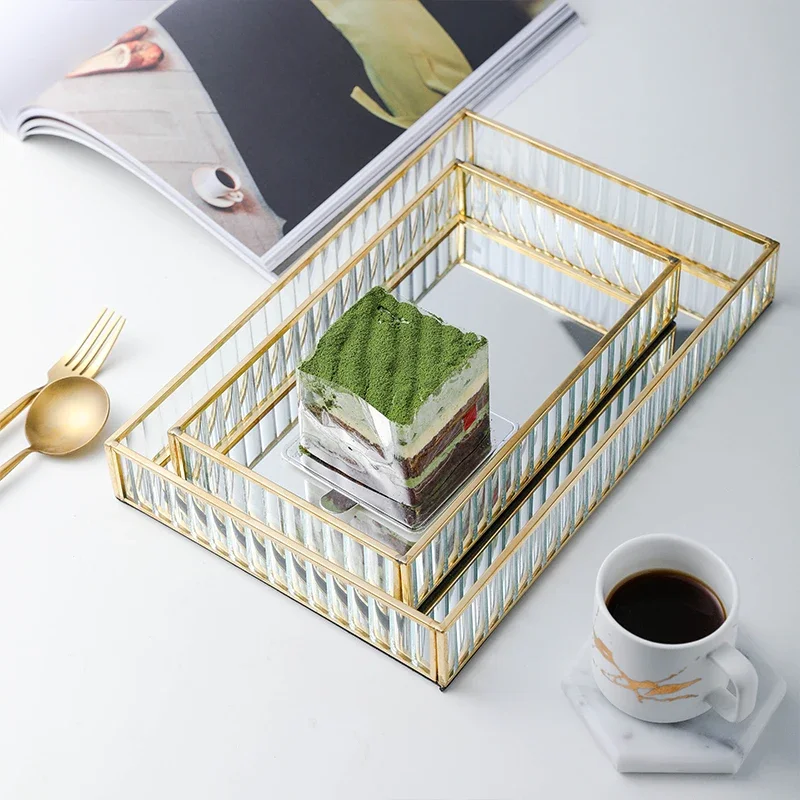 

Скандинавский стеклянный поднос для хранения зеркал, золотой прямоугольный стеклянный органайзер для макияжа, поднос для десертной тарелки, дисплей для ювелирных изделий, домашний декор для кухни