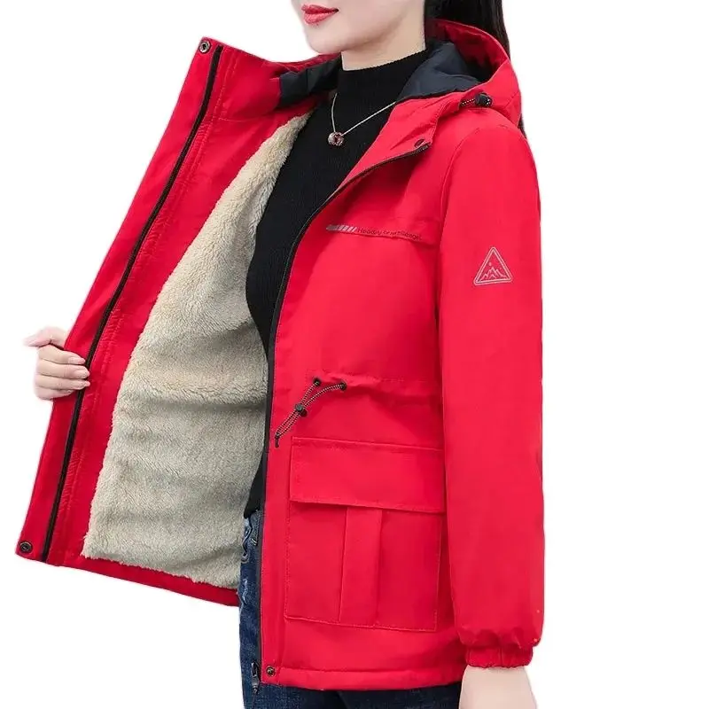 Autumn And Winter 2023 New Women's Overcoat Parka Jacket Plus Velvet Padded Hooded Warm Cotton-Padded Coat For Outdoor Travel