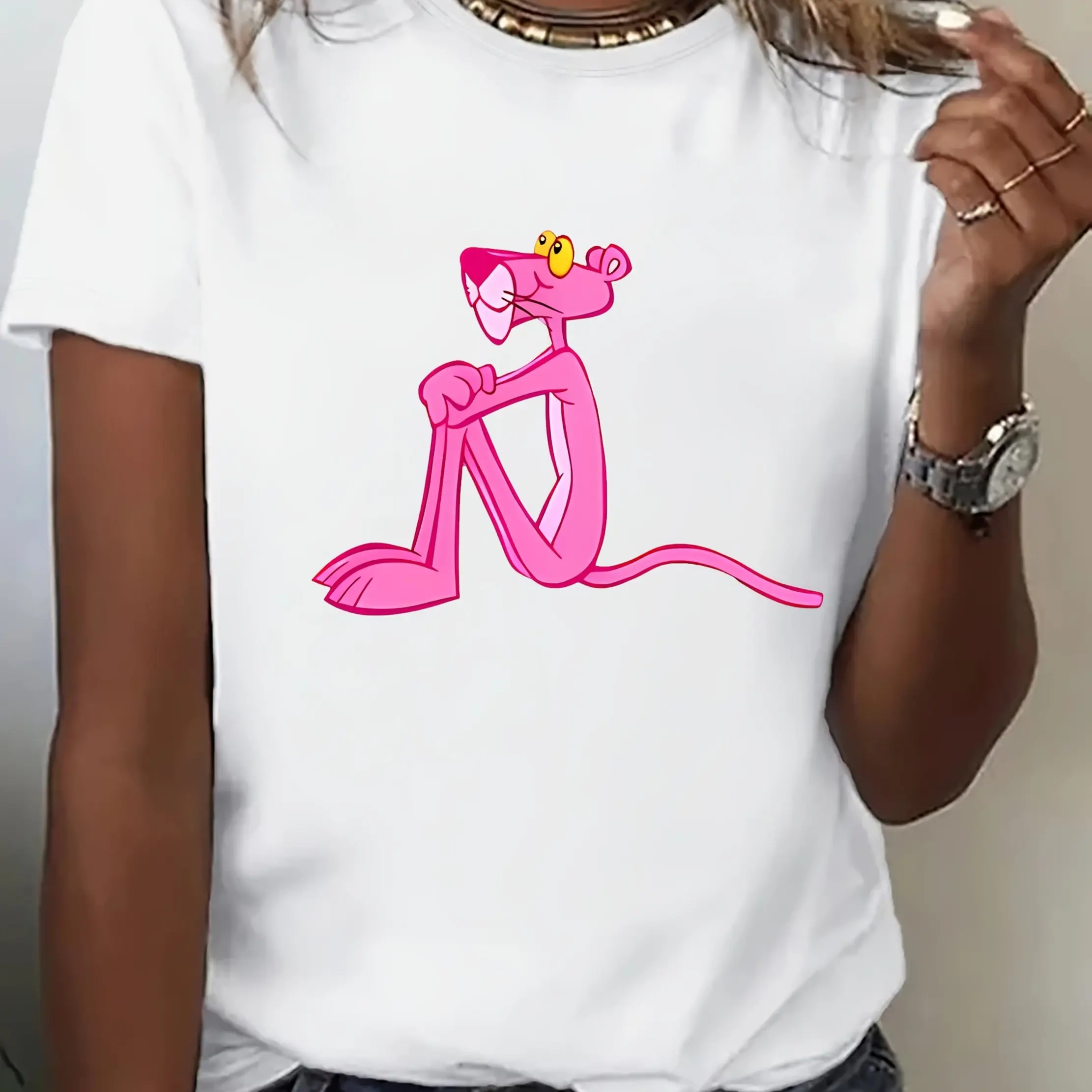 

Pink Panther Graphic Printing Summer, Autumn and Winter Pure Cotton Men's and Women's T-shirts Short Sleeves Luxury Outdoor