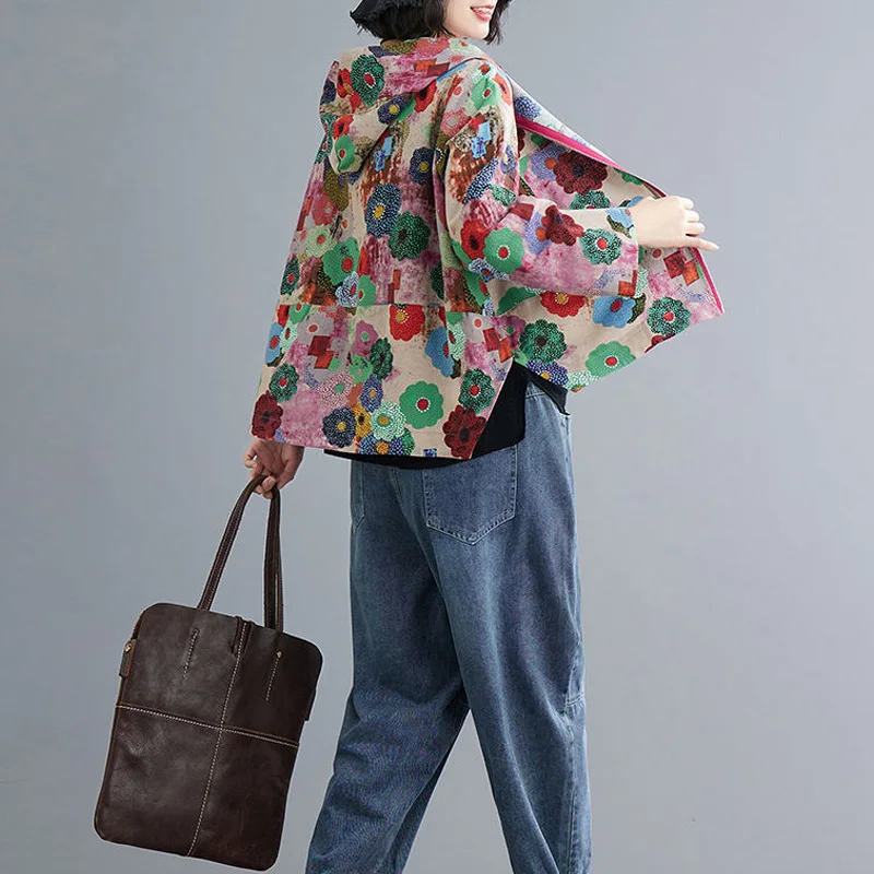 2023 New Spring and Autumn Fashion Literature Retro Exquisite Printing Casual Loose Versatile Hooded Cotton Linen Women\'s Coat