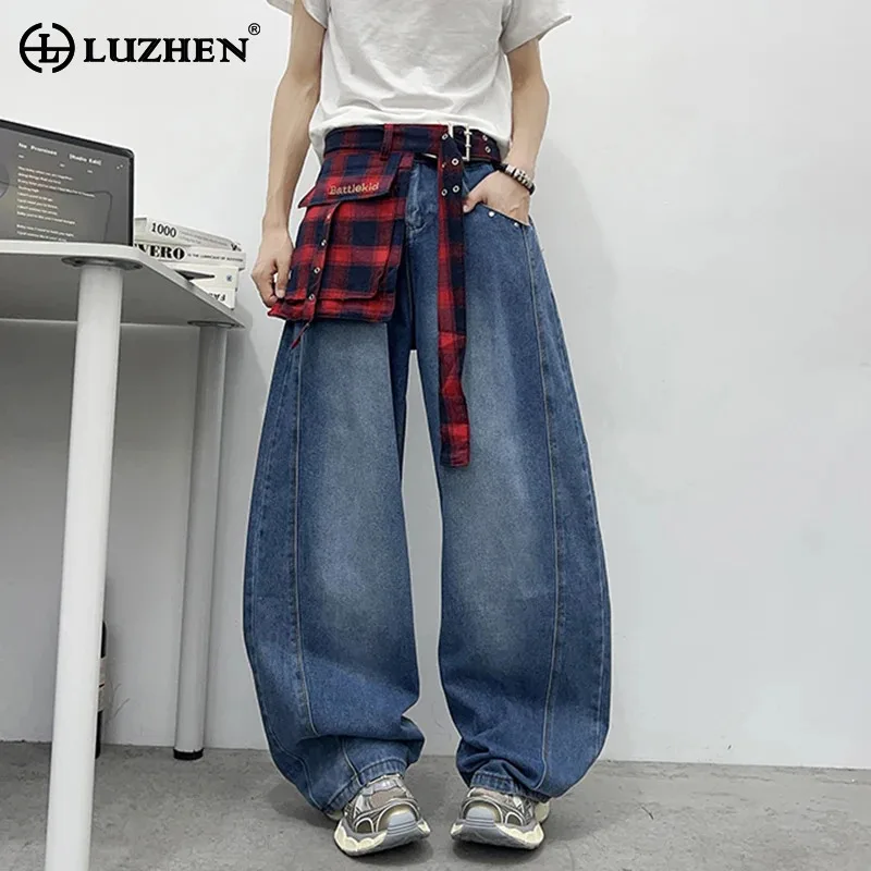 

LUZHEN Fashion Personalized Plaid Printed Pockets Decorate Design Loose Denim Pants Men's 2025 New Streetwear Male Jeans JY3255