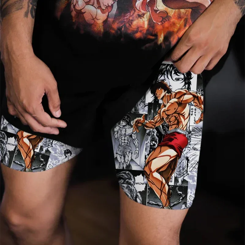 Anime Gym Shorts Men Manga 3D Print 2 in 1 Basketball Shorts Workout Quick Dry Sports Compression Short Pants Summer Male