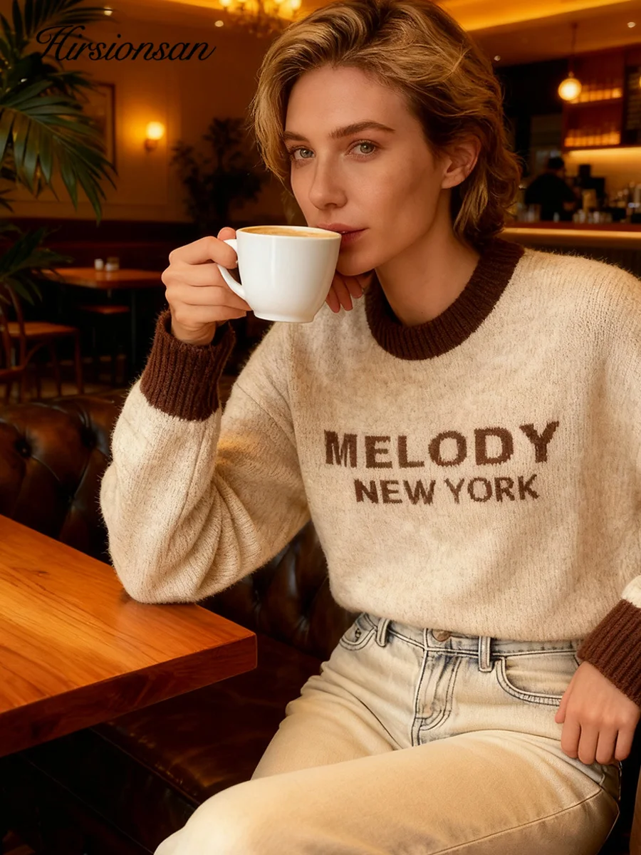 

Hirsionsan жаккардовый вязаный свитер с круглым вырезом и буквенным принтом, осень-зима 2022, новый ленивый свободный теплый пуловер