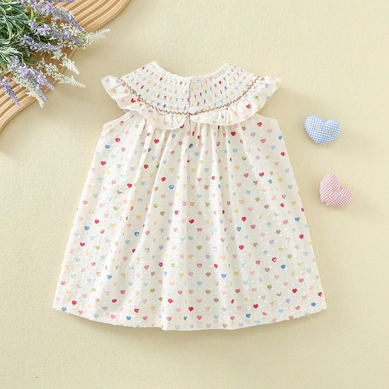 R7QSummer girls' ruched dress with ice cream embroidery and heart print, cute new cotton dress for toddlers and young children