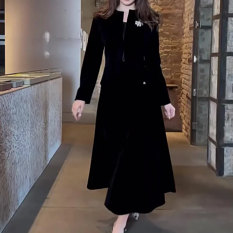 Women Skirt Sets Cardigan Two Piece Suit V Neck Full Sleeve Tops A Line Long Skirts Midi Waist Splice Elegant Suits Spring