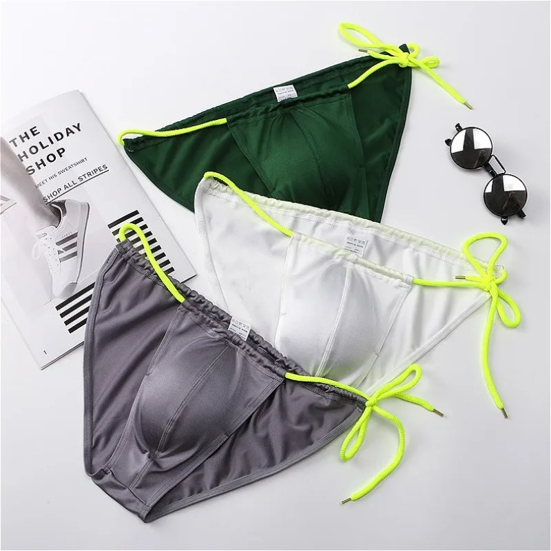 Lace Up Men Sexy Swim Briefs Built-in Cup Pads Underpants Man Sports Men's Swimming Trunks Male Convex Pouch Underwear Lingerie