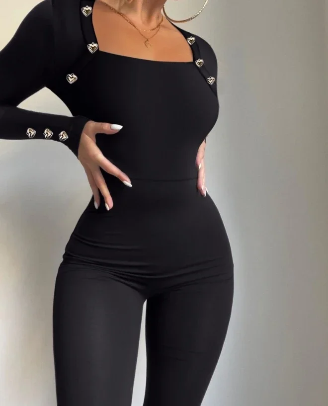 Bodycon Jumpsuits Women Asymmetrical Neck Long Sleeve Heart Shaped Button Decor Casual Rompers Overalls Fashion Y2k Jump Suits