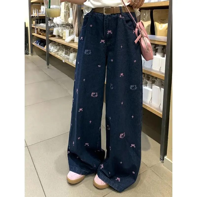 

Sanrio Kawaii Jeans Hello Kittys, милые широкие брюки для маленьких девочек, свободные джинсы с высокой талией, новый стиль, удобные прямые джинсы с героями мультфильмов