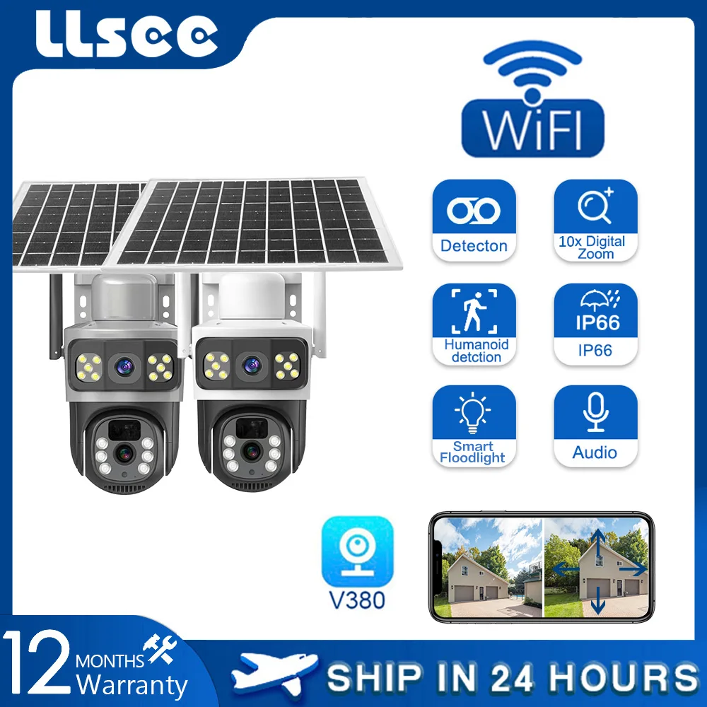 

LLSEE 10x zoom, V380 Pro, 8MP, dual lens, solar camera, WIFI wireless outdoor waterproof pan tilt, IP security camera,