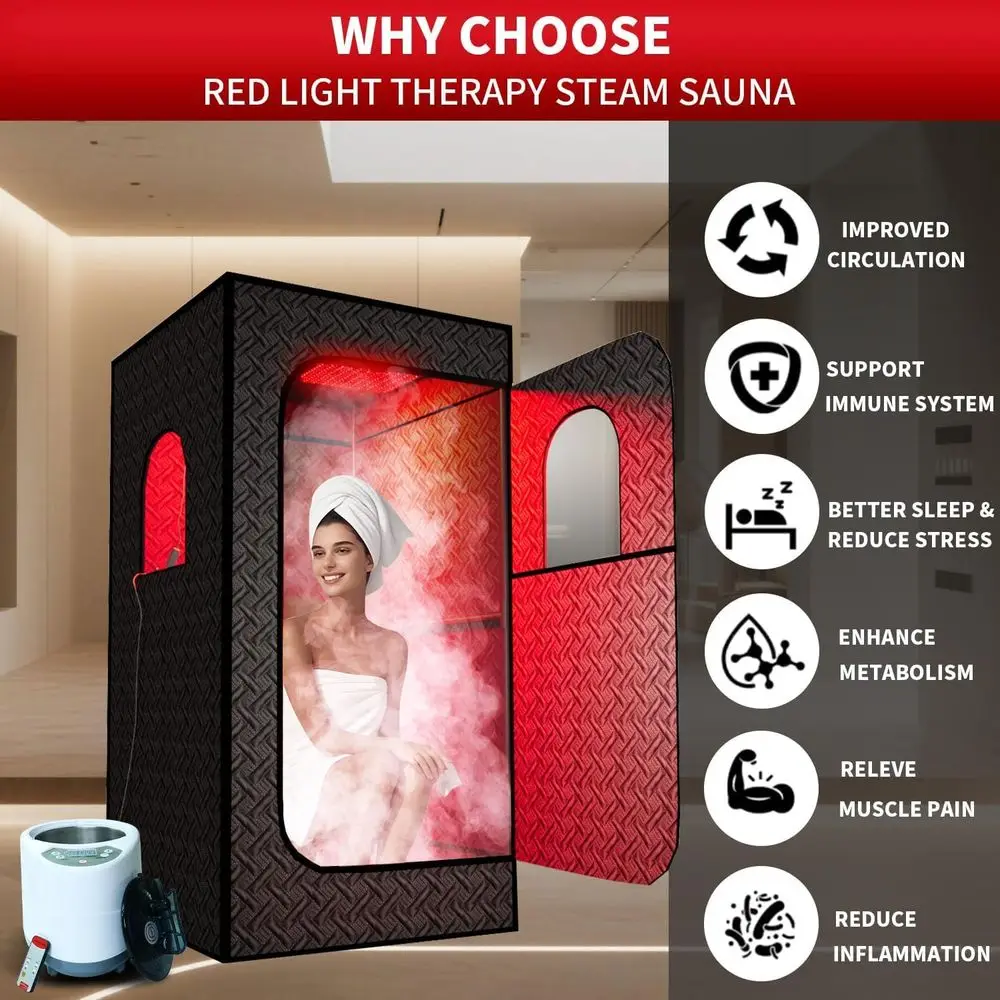 Indoor Infrared Sauna with Red Light Therapy, 660 & 850nm Lamps, 3L Steamer, Upgraded Chair and Mat, 72x36x36, Black