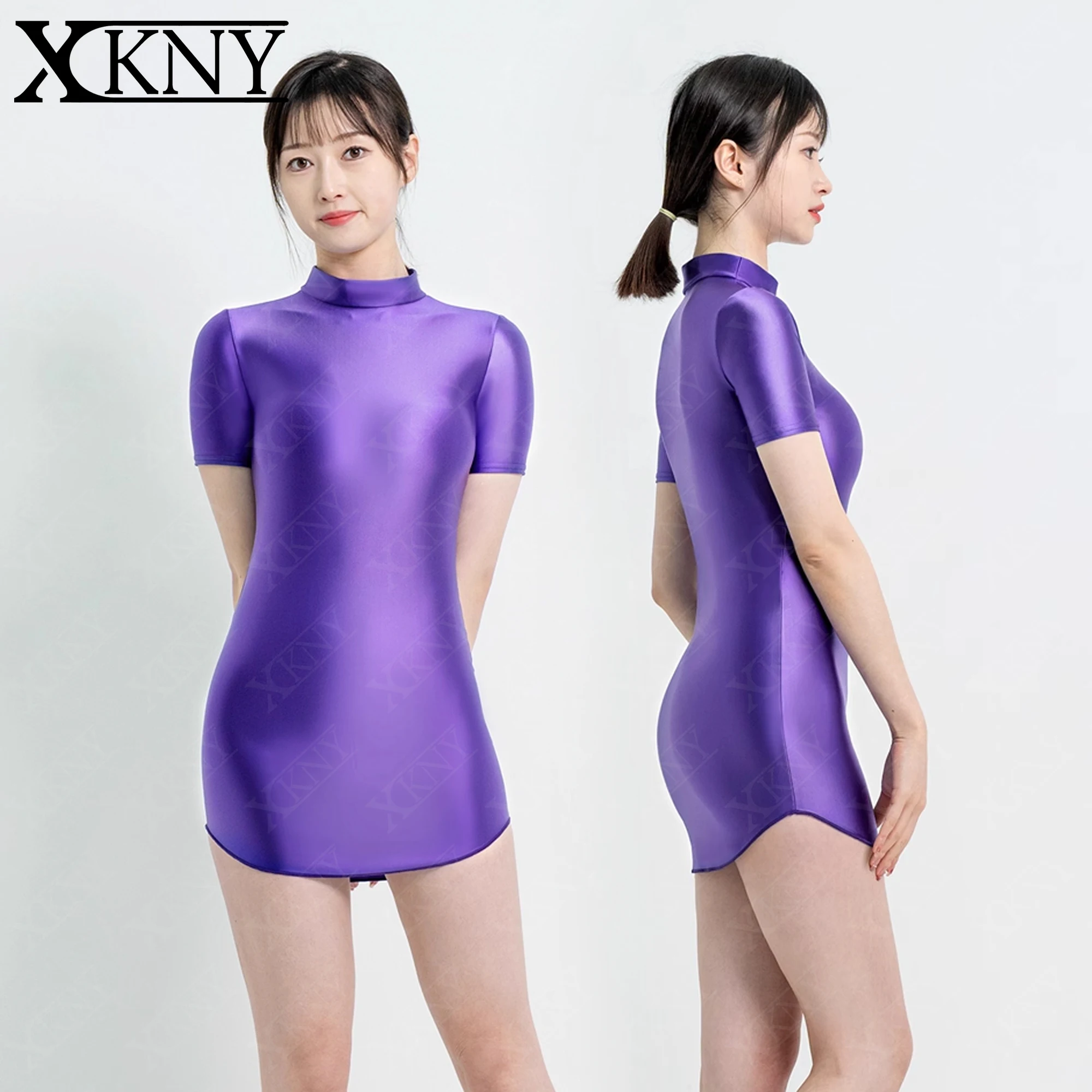 

XCKNY glossiness series dress elastic slip glossy tight skirt high neck short sleeve long skirt smooth casual sports skirt