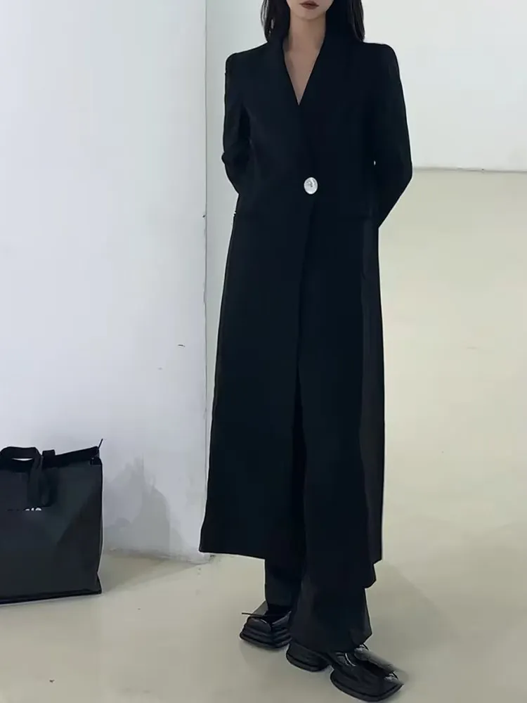 BPN Temperament Black Blazers For Women Nothced Collar Long Sleeve Spliced Single Button Minimalist Long Blazer Female Fashion