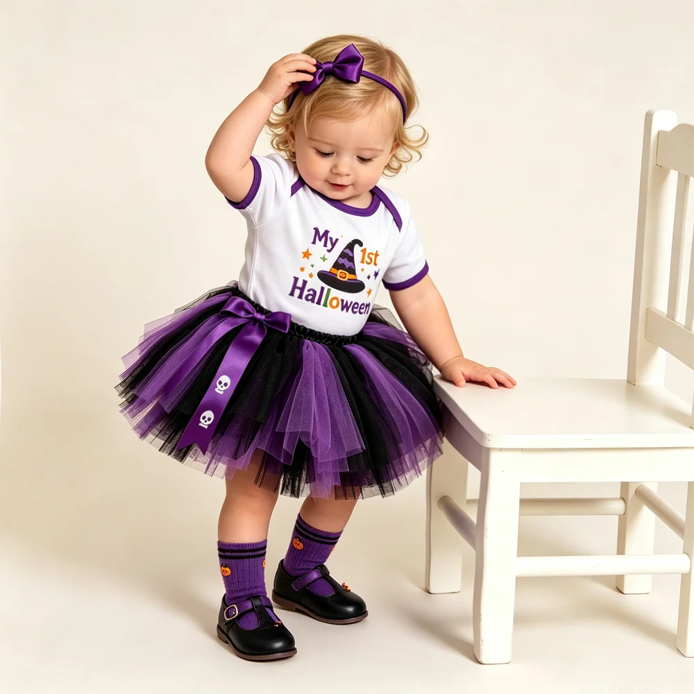 My First Halloween Baby Girl Outfit Short Sleeve Romper Orange Tutu Skirt with Bow Headband Infant Costume for Party Photo Shoot