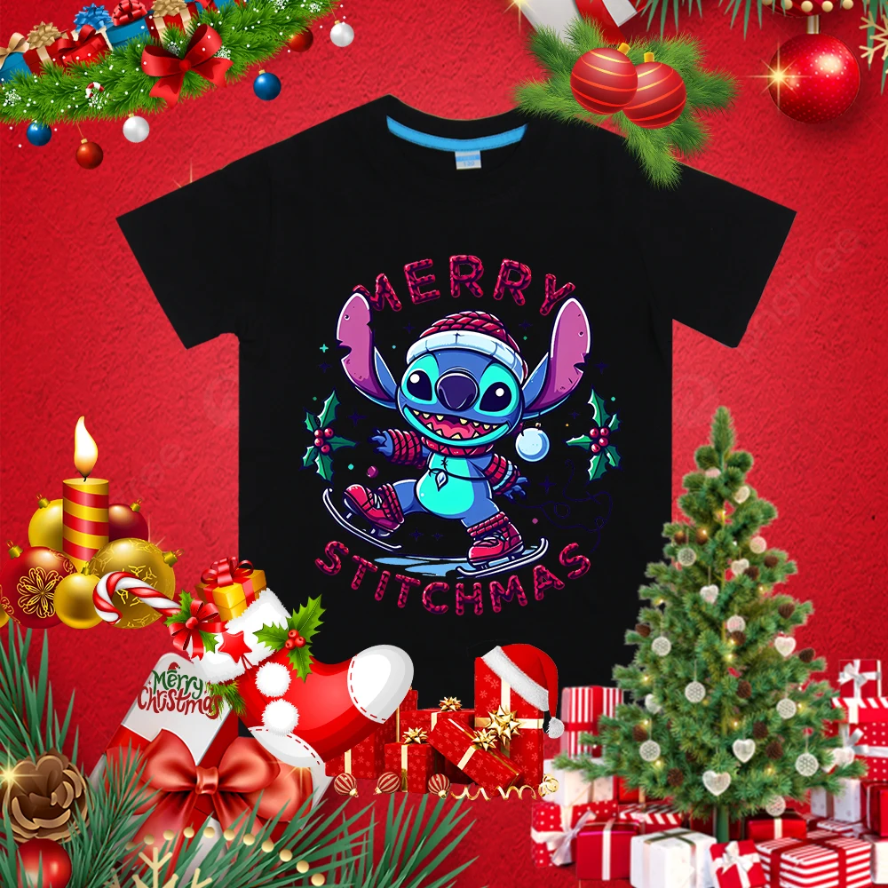 Stitch Kerst Bedrukt Kids T-Shirt Zomer Kinder Katoenen Korte Mouw Geschikt Voor Jongens En Meisjes Casual Tops