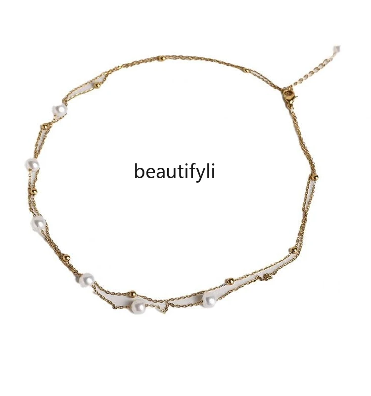 14K Gold-wrapped Double-layer Gypsy Freshwater Pearl Necklace Light Luxury Premium Non-fading Sterling Silver Clavicle Chain