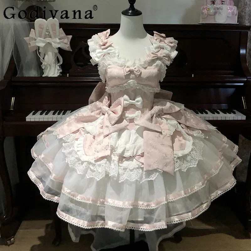 

Original Japanese Pink Lolita Dress Jsk Summer New Woman's Cute Bow Trailing Lace Stitching Puff Dress Princess Party Dress