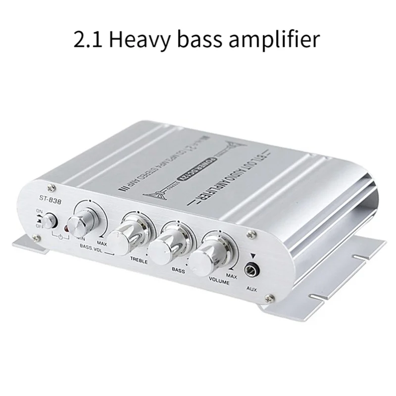AS95-Car Stereo Amplifier Speaker Hifi Power 2.1 Channel Home Subwoofer Audio Output 12V Audio System Durable Easy To Use Silver