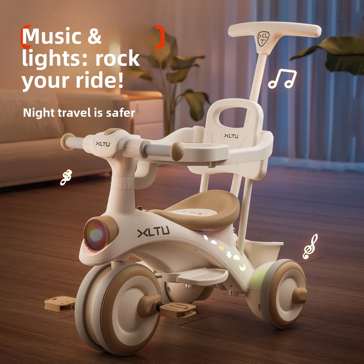 3 in 1 Kids Tricycle Stroller, Push Ride Pedal Bike with Tray Steering Handle Brake Light Music for 1-3 Year Old Daily Outings
