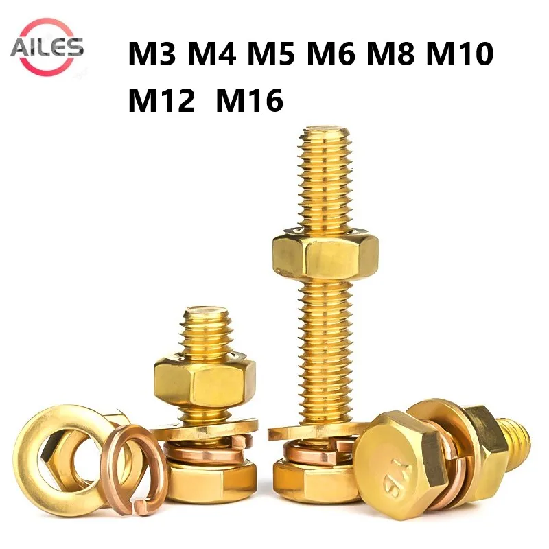 M3 M4 M5 M6 M8 M10 M12 M16 Copper Outer External Hexagon Hex Head Bolt Screws with Full Thread and Nuts Washers Kit Set