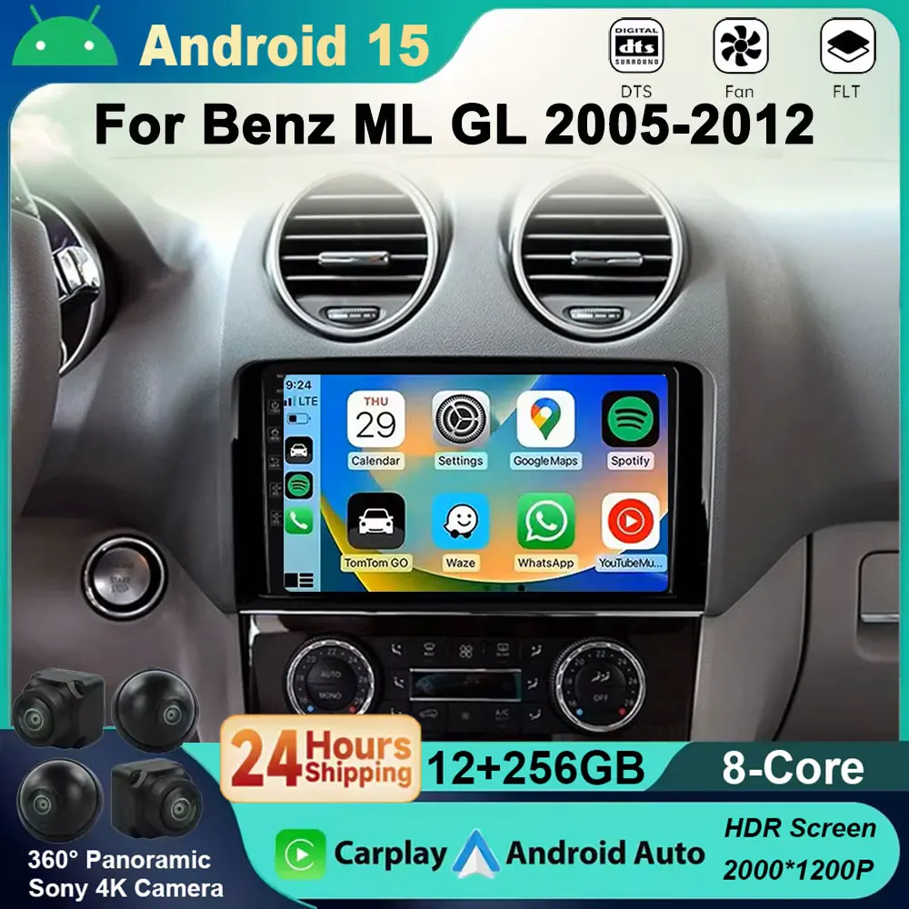 Android 15 Wireless Carplay Auto radio For Mercedes Benz M-Class W164 GL-Class X164 ML GL Car Intelligent Systems 4G WIFI BT DSP