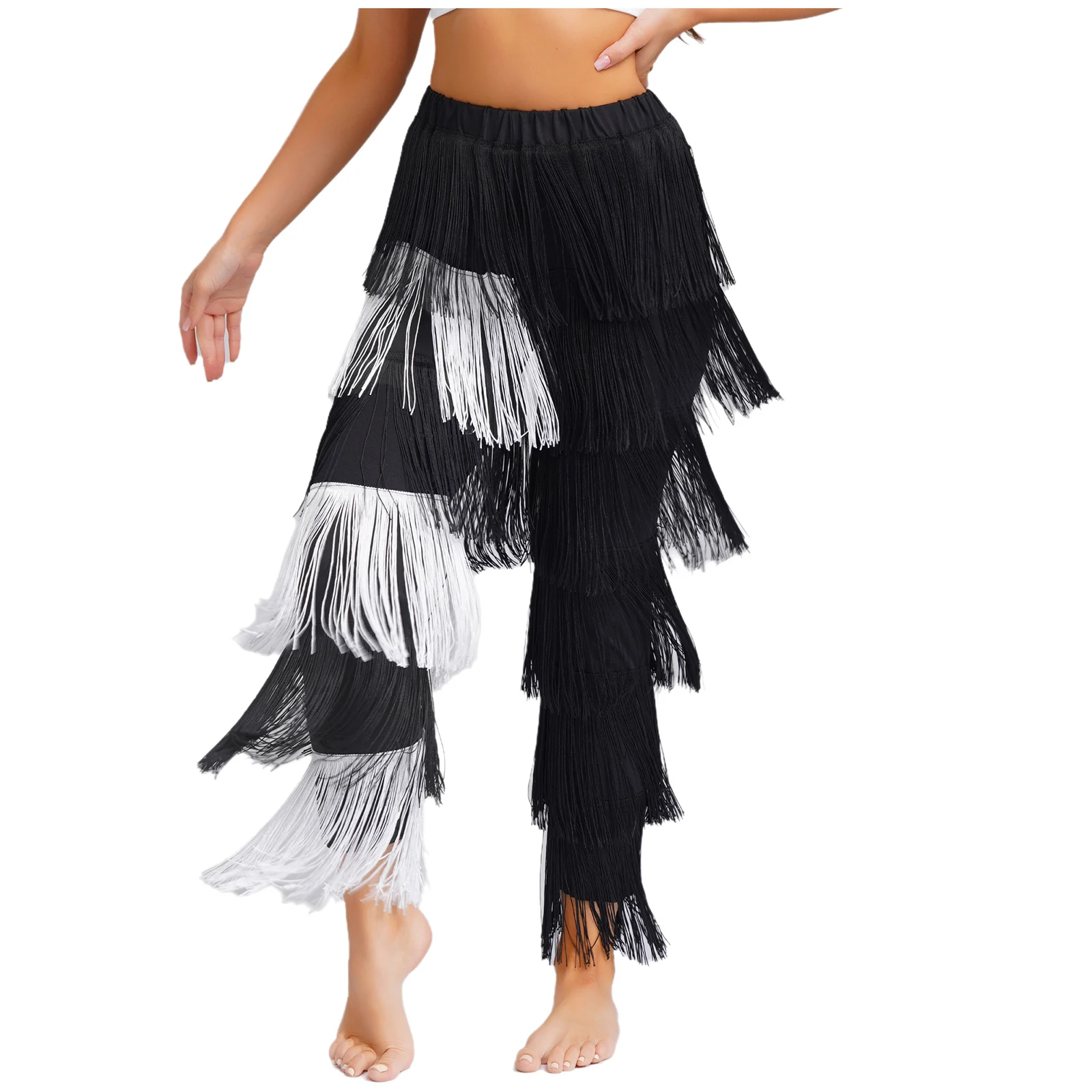 สตรีเต้นรําละตินกางเกงแจ๊สเครื่องแต่งกาย Elastic High เอว Contrast สีพู่กางเกงสําหรับ Belly Chacha Tango Dance Performance