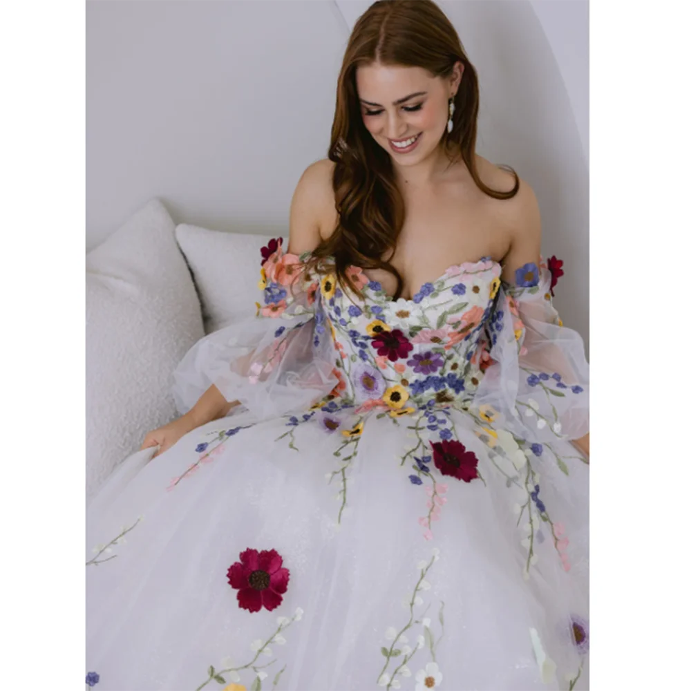 Exquisite White Floral Formal Wedding Dress Floor Length A-Line Sweetheart Pretty Fancy Fairy Romantic Robe De Mariée Slimming