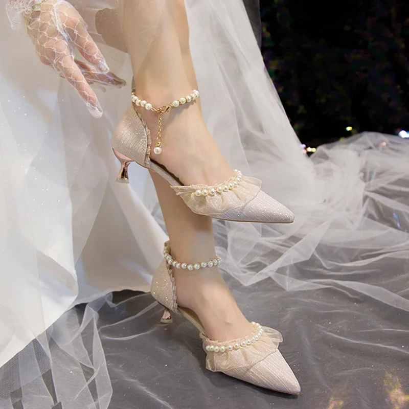 Elegant Pearl Weddings Bridal High Heels Shoes Woman 2026 Autumn Ankle Straps White Party Pumps for Women Silk Pointed Toe Shoes view 4